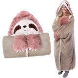 Patura Pufoasa, Lenes, Roz, cu Maneci si Gluga, 147 cm latime x 119 cm inaltime, Flanel de calitate superioara, moale si confortabil