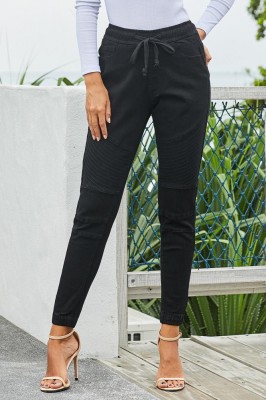 R912-1 Pantaloni casual din denim elastic cu cordon in talie foto