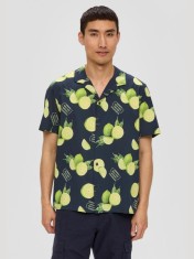 s.Oliver Camasa barbati cu maneca scurta, imprimeu cu lime, Regular fit, Bleumarin inchis, M