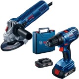 Bosch GSR 180-LI + GWS 9-125 S - Masina de gaurit si insurubat cu 2 acumulatori Li-Ion 18 V 2 Ah 54 Nm valiza plastic + Polizor unghiular 900 W 125 mm