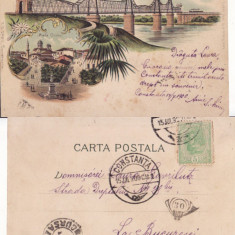 Constanta, Dobrogea - Litografie 1900- Podul Cernavoda, baile