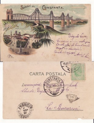 Constanta, Dobrogea - Litografie 1900- Podul Cernavoda, baile foto