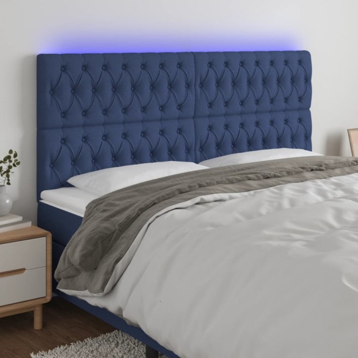 Tăblie de pat cu LED, albastru, 200x7x118/128 cm, textil