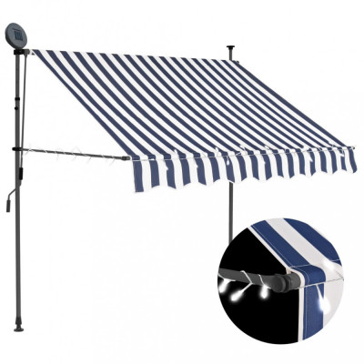 Copertină retractabilă manual cu LED, albastru &amp;amp; alb, 150 cm foto