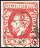 1872 , Lp 32 , Carol cu barba , 15 Bani rosu - stampilat