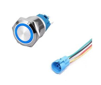 Intrerupator buton SW 3 ON-OFF cu retinere metal 19mm 12-24V LED albastru foto