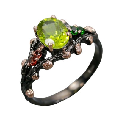 Inel bijuterie din argint 925 cu peridot, granat si crom-diopsid foto