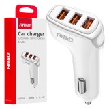 Incarcator auto AMiO 3x USB-A 3.1A, 12-24V DC, alb, incarcare simultana pentru 3 dispozitive, compact pentru priza auto, 03885