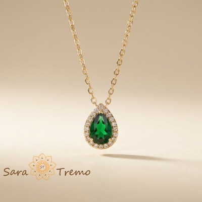 Colier Lacrima Smaraldului Regal , Colier placat cu aur cu pandantiv smarald foto