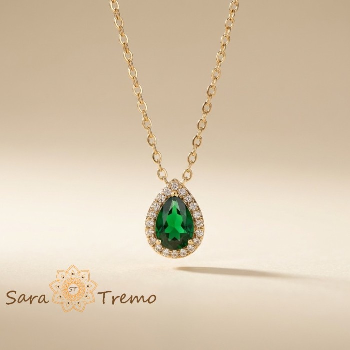 Colier Lacrima Smaraldului Regal , Colier placat cu aur cu pandantiv smarald
