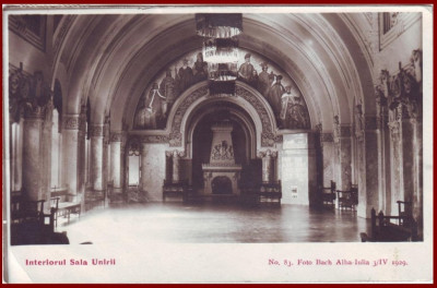 1929 CP ilustrata Interior Sala Unirii Alba Iulia trimisa de la Serbarile Unirii foto