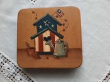 Pictura Lemn Veche I LOVE USA Handmade 13x12cm Magnet Decor Arta Americana