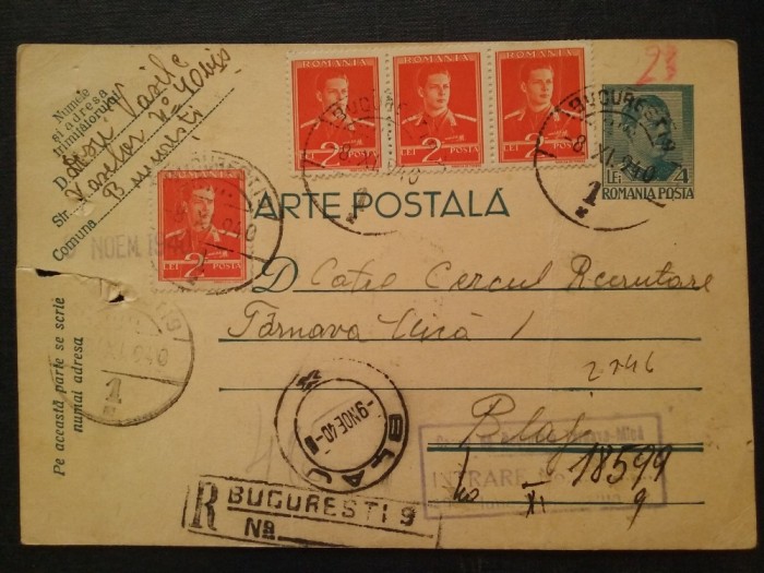 1940-C.P.circ.- BUC.-BLAJ-C. de rec.Tr.-Mica-ANUNT de REF. DIN TER.OCUPAT-RARA