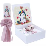 Cumpara ieftin Set Cutie Trusou cu Lumanare, 9 Piese, &quot;Cu drag de la nasi&quot;, Roz Pudra, Unicorn - TB188
