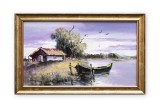 Tablou apus de soare in Delta Dunarii pictat manual inramat, 55x35cm ulei pe panza, rama din lemn, Geo Ungureanu