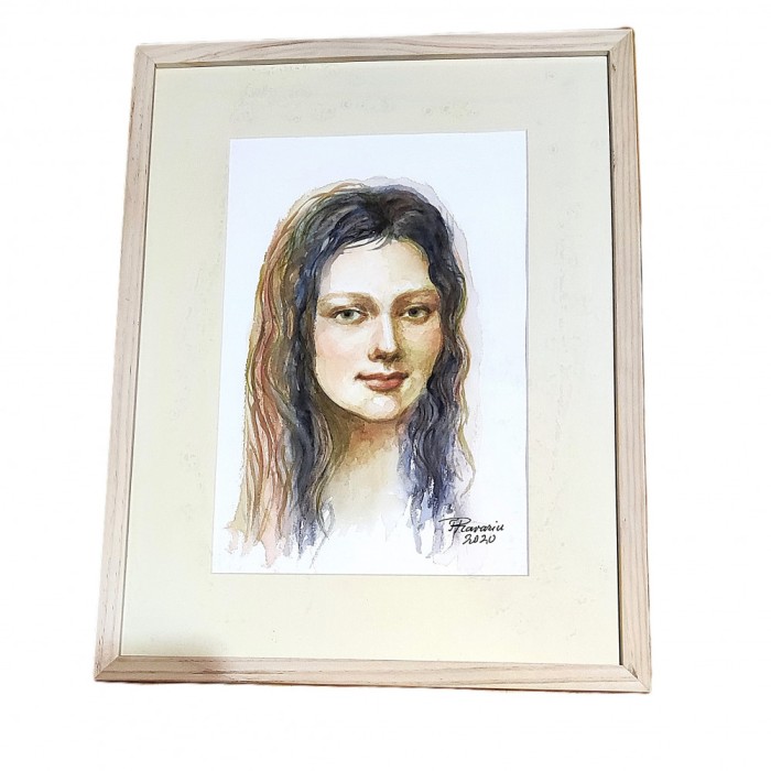 E159. Tablou, Portret de Gioconda, 2020, tehnici mixte pe hartie, 42x32 cm