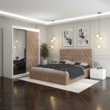 Dormitor Iris Crem cu Dressing Tapitat si 2 Noptiere ⭐Design modern