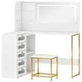 HOMCOM Masă de machiaj cu oglindă, lumini LED, taburet, 5 sertare, 2 compartimente și 2 rafturi din sticlă, alb | Aosom Romania