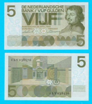 Olanda (p#90) 5 Gulden 1966 aUNC+ &amp;#039;Vondel I&amp;#039; serie: 1LY038576 foto