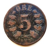Norvegia 5 ORE 1875 moneda bronz # 349 tiraj mic rara