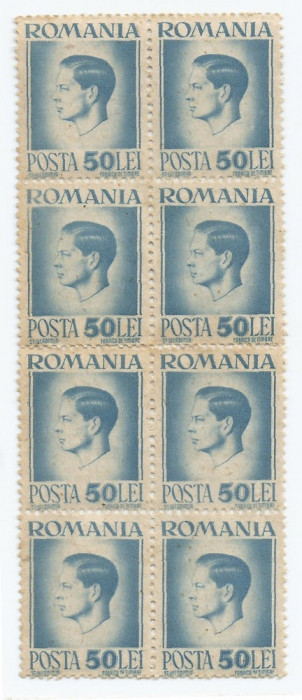|Romania, LP 188/1945, Uzuale - Mihai I, hartie gri, bloc de 8 timbre, MNH