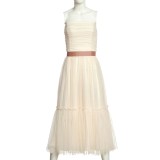 Rochie eleganta crem fara bretele cu talie accentuata