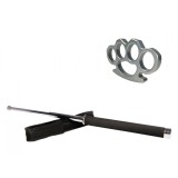 Set Autoaparare: Baston Telescopic Argintiu 65cm + Box Metalic 0.5cm, Otel, Husa Curea