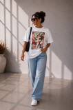 Tricou dama alb din bumbac cu imprimeu fetita cu ochi verzi si rochita din dantela