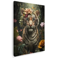 Tablou tigru cu trandafir pe cap fantezie 1691 Tablou canvas pe panza CU RAMA 20x30 cm