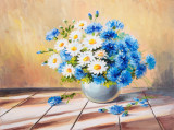 Tablou canvas Flori, margarete, alb, albastru, pictura, buchet, 90 x 60 cm