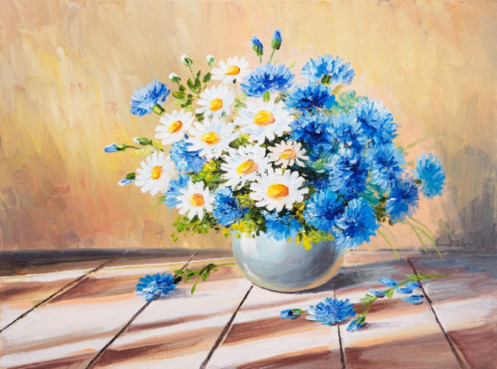Tablou canvas Flori, margarete, alb, albastru, pictura, buchet, 105 x 70 cm
