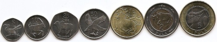 Botswana Set 7 - 5, 10, 25, 50 Thebe, 1, 2, 5 Pula 2012-13, V22, KM-New UNC !!!