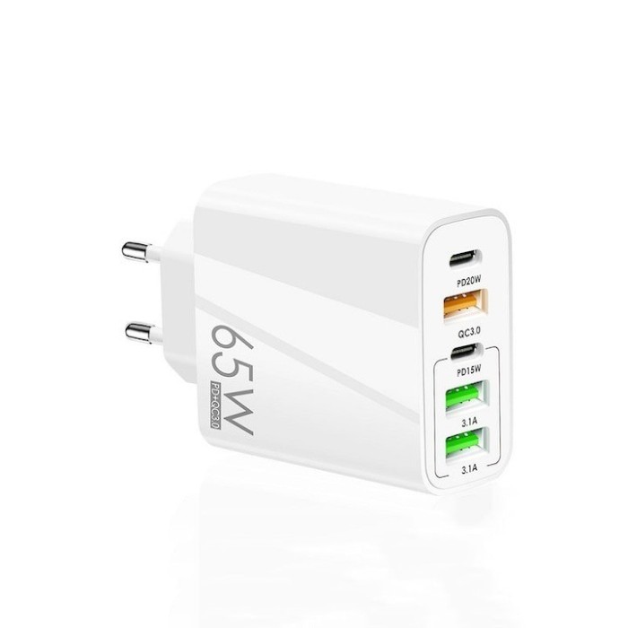Incarcator cu 5 porturi, 2 x Type-C, 3 x USB, incarcare rapida, 65 W, universal, cablu tip C inclus, alb