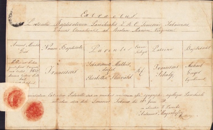 A1997 Extractus Protocolli Baptisatorum, 1850, Timișoara Fabric
