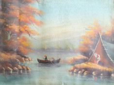 Tablou mare vechi, ulei / panza, Peisaj cu pescari ?i coliba, 68 x 48, semnat foto