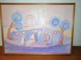 Tablou Pictura Naivă Suedia Marianne Welander, Peisaj Urban cu Copii și Biserică, Print pe Placaj 51.5x37.5cm