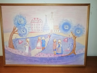 Tablou Pictura naiva Suedia Marianne Welander printata pe placaj copii biserica foto