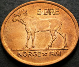 Moneda 5 ORE - NORVEGIA, anul 1961 *cod 4692 B - patina frumoasa, Europa