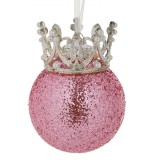Ornament Brad Craciun, Glob, Glitter Roz, Coroana Argintie, 8cm, Oem