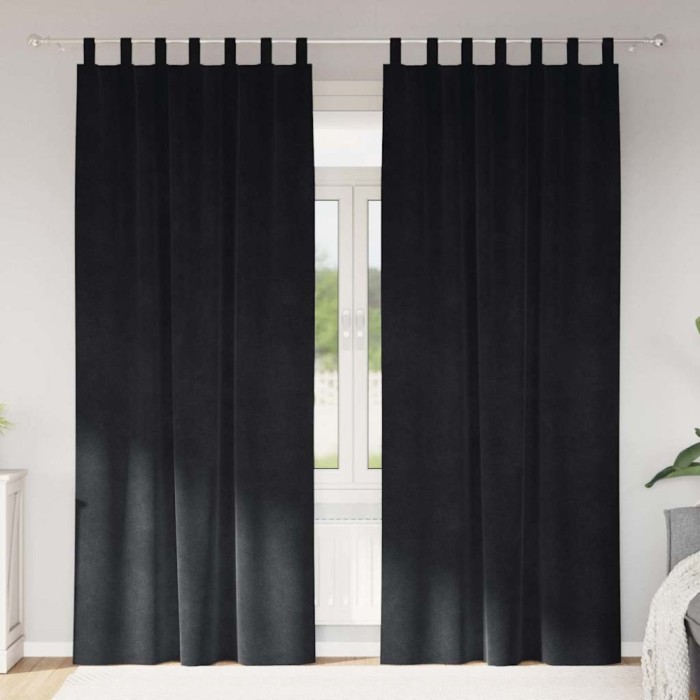 Draperii opace cu agățătoare, 2 buc., negru, catifea