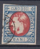 ROMANIA 1869 LP 29 CAROL I CU FAVORITI 50 BANI ALBASTRU SI ROSU STAMPILAT