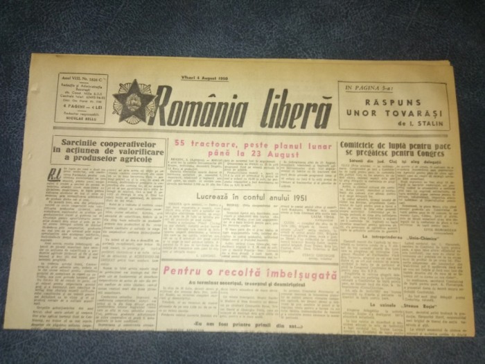 ZIARUL ROMANIA LIBERA 4 AUGUST 1950 PROCESUL UNUI GRUP DE SPIONI SI TRADATORI