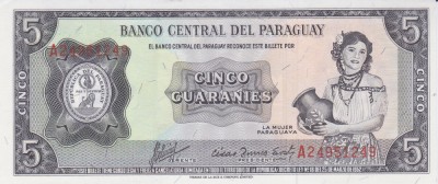 Bancnota Paraguay 5 Guaranies 1952 (1963) - P195b UNC foto