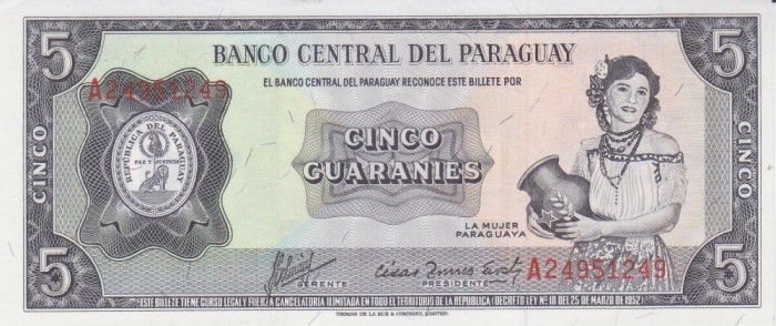 Bancnota Paraguay 5 Guaranies 1952 (1963) - P195b UNC