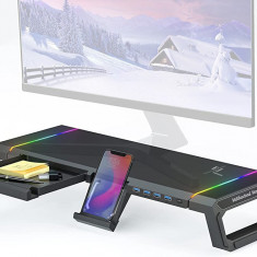 Masuta ergonomica pentru laptop cu lumini gaming RGB si hub USB 3.0, suport pentru ecran cu depozitare, masa ergonomica pentru monitor cu stand pentru