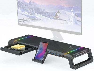 Masuta ergonomica pentru laptop cu lumini gaming RGB si hub USB 3.0, suport pentru ecran cu depozitare, masa ergonomica pentru monitor cu stand pentru foto