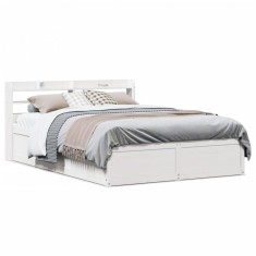 vidaXL Cadru de pat cu tăblie, alb, 135x190 cm, lemn masiv de pin 3307099