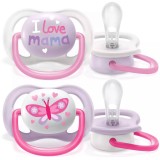 Set de 2 suzete Philips AVENT Ultra Air SCF080/02, 0-6 luni, Ortodontică, Fără BPA, Tetină catifelată, Orificii foarte mari, Cutie de transport și ste