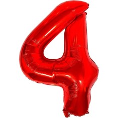 Balon din folie metalizata flippy, figurina cifra, tema aniversare 80 cm, ambalaj individual, pai inclus, umflare cu aer sau heliu, rosu, cifra 4