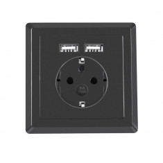 Priza schuko de perete 100V - 240V 16A, Lanberg 41442, cu 2 porturi USB 5V 2.1A, 86 x 86 x 45 mm, cu impamantare, neagra